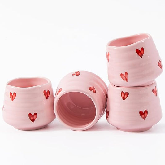 4pcs Japanese Tea Cup Set – 160ml 5.4OZ Ceramic Matcha Cup, Small Handless Espresso Cups, Cute Coffee Mugs for Girls (Pink Love)