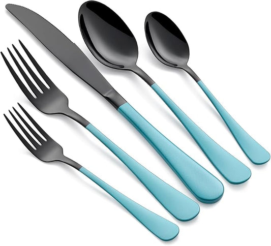 20-Piece Lake Blue Silverware Set 18/0 Stainless Steel Black Silverware Set Lake Blue Handle Cutlery Black Set Service for 4 Dinner Knives Forks Spoons Flatware Set Dishwasher Safe