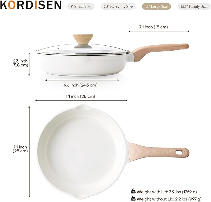Kordisen Nonstick Ceramic Frying Pan with Lid, 11 Inch Ceramic Skillet with Lid, Healthy Non Toxic Cooking Pan, Stay-Cool Handle, Induction Compatible, PFOA & PFAS Free, White
