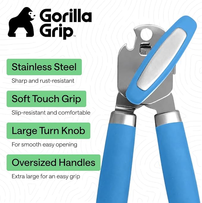 GORILLA GRIP Heavy Duty Stainless Steel Smooth Edge Manual Can Opener and Bottle Openers, Soft Comfortable Handle, Oversized Handheld Turn Knob, US Designed Multifunctional Kitchen Tool, Aqua