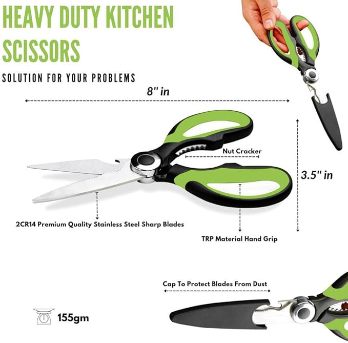 Kitchen Scissors Stainless Steel Sharp Blades with Cushioned Soft TPR Grip for Easy Handling – Heavy Duty Multipurpose Scissors for Meat, Chicken, Fish, Vegetables, & Herbs – Bottle Opener