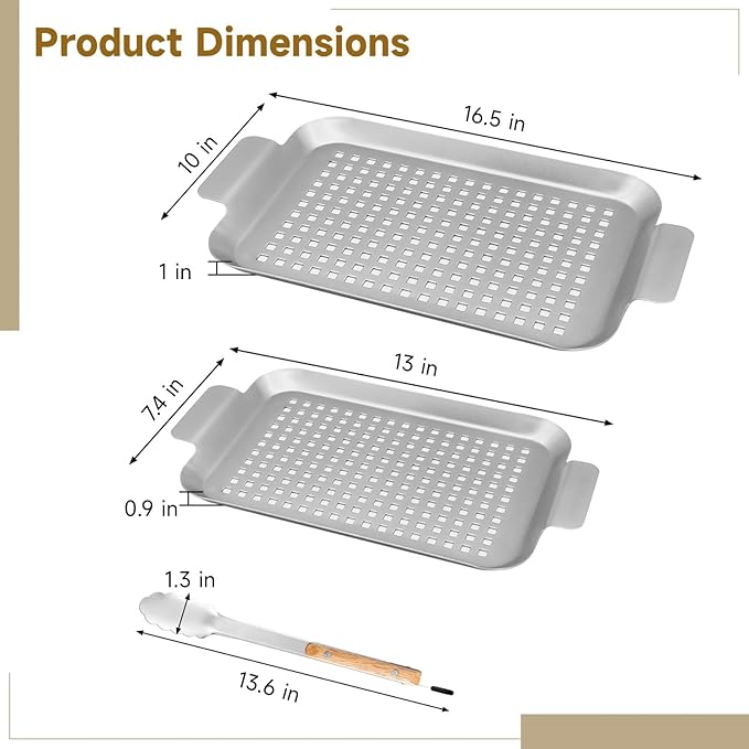 Grill Basket Pan, 2 Pack Grill Pans for Outdoor Grill, Stainless Grilling Food Tray with Grill Tong,BBQ Grilling Baskets Barbecue Accessories for Vegetables, Fish, Meat, and Seafood