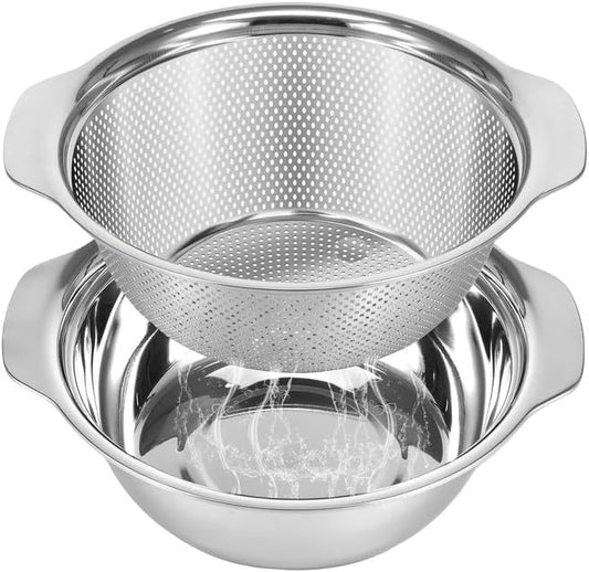 Stainless Steel Microporous Colander for Kitchen, 5QT Large Capacity, Colander and Bowl Set of Two, Stainless Steel Drain Basket with Mixing Bowl, for Washing Fruits and Vegetables