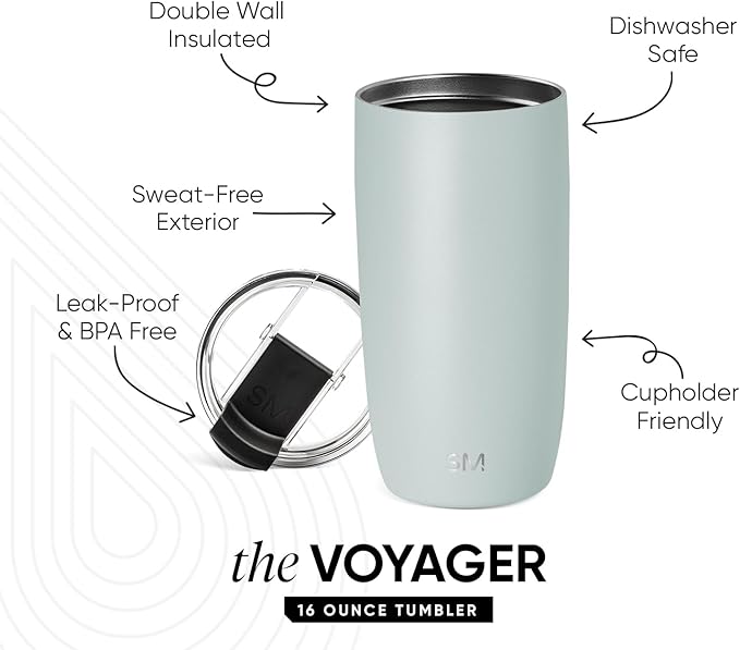Simple Modern Voyager Tumbler with Flip Lid | Travel Coffee Mug | Insulated Stainless Steel Cold Brew Iced or Hot Coffee Cup | Gifts for Women Men Her Him | 16oz, Sea Glass Sage
