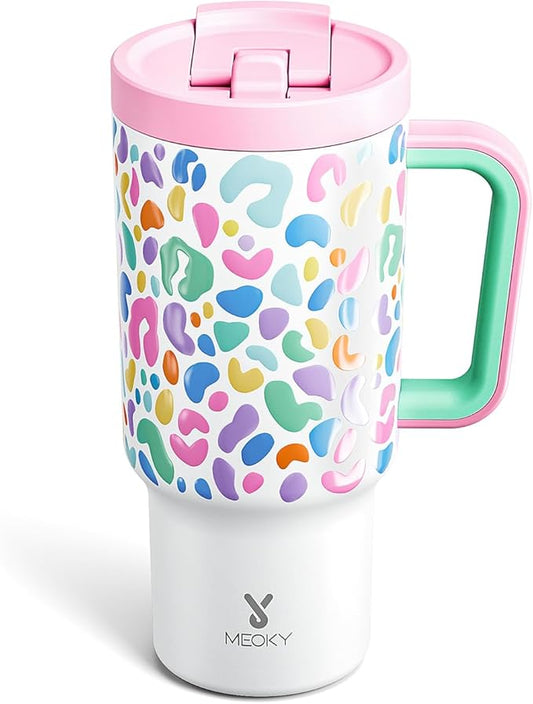 Meoky 32 oz Tumbler with Handle and Flip Straw, 100% Leakproof Tumbler with Lid and Straw, Stainless Steel Insulated Cup, Cupholder Friendly, Keeps Cold for 24 Hours (Leopard)