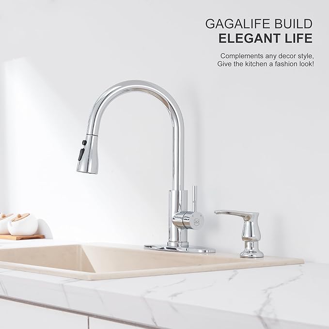 GAGALIFE Kitchen Sink Soap Dispenser Chrome, Built in Soap Dispenser with 13 OZ Bottle, Refill from The Top, Liquid Dispenser for Kitchen Sink