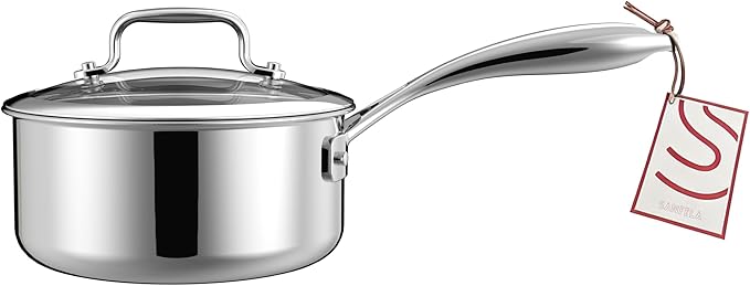 5-Ply 1.3 Quart Stainless Steel Saucepan with Glass Lid, Suitable for All Hobs, PTFE, PFAS and PFOA Free