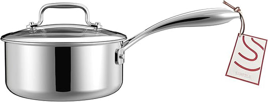 5-Ply 1.3 Quart Stainless Steel Saucepan with Glass Lid, Suitable for All Hobs, PTFE, PFAS and PFOA Free