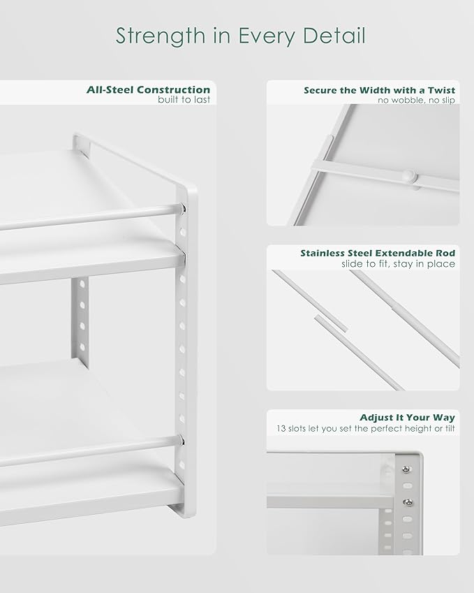Expandable Adjustable 2-Tier Cabinet Shelf Organizer, White Metal Kitchen Pantry Countertop Storage Rack, Height Adjustable