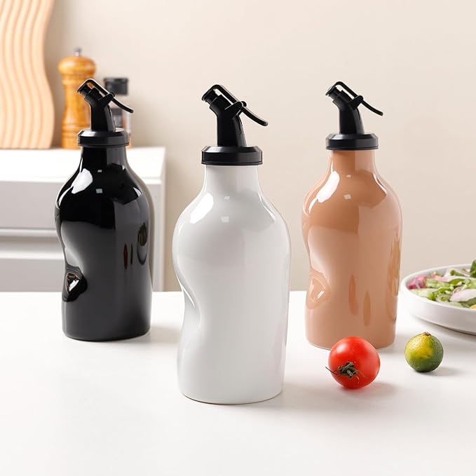 Ceramic Oil Dispenser Bottle with Acrylic Spout - Mini Kitchen Oil & Vinegar Cruet for EVOO, Avocado Oil - Easy-Grip Design, Compact Size 285ml (Glossy Brown)