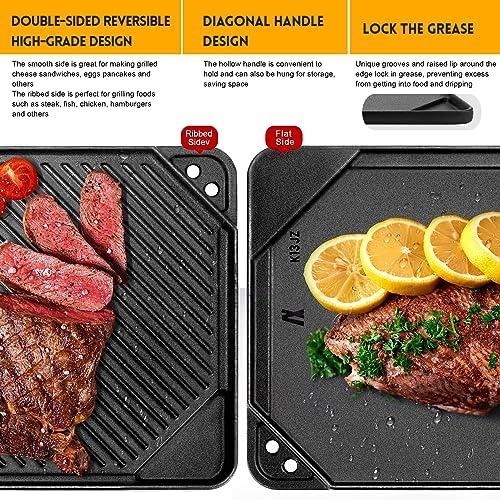 GGC Reversible Cast Iron Griddle, 20" x 10.5" Rectangular Griddle Pan