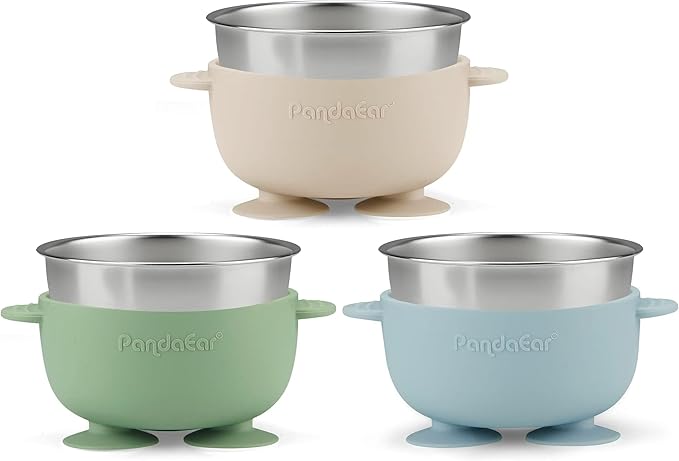 PandaEar 3 Pack Stainless Steel Baby Suction Bowls, Non-Slip Child Food Bowl with Silicone Sleeve for Kids Toddlers Infants, Unbreakable & Mess Free (Blue Green Beige, With Lids)
