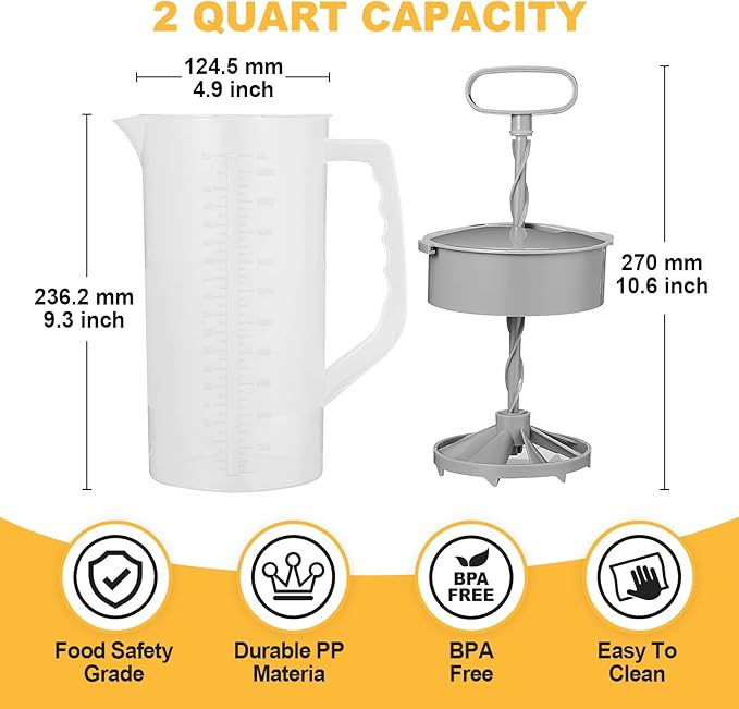 Mixing Pitcher for Drinks, 2 Quart/ 64oz Plastic Water Pitcher with Lid, Angled Plastic Blades and Adjustable Mixer Plunger for Juice, Powdered Milk, Beverage Container (Two)