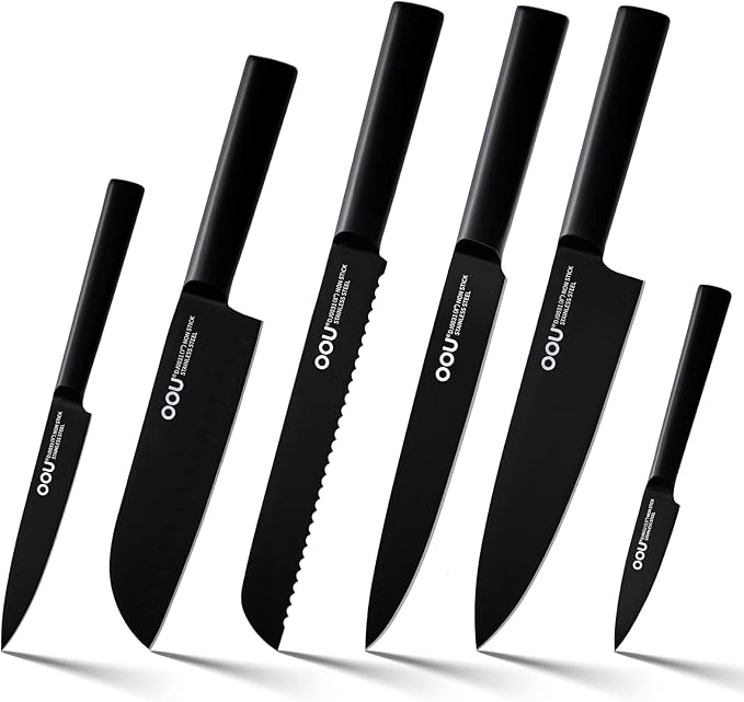 OOU Knife Set with Block and Sharpener, 6 Pcs High Carbon German Steel Kitchen Knife Block Set, Dishwasher Safe Knife Set for Small Kitchen, Space-Saving, Anti-Rust