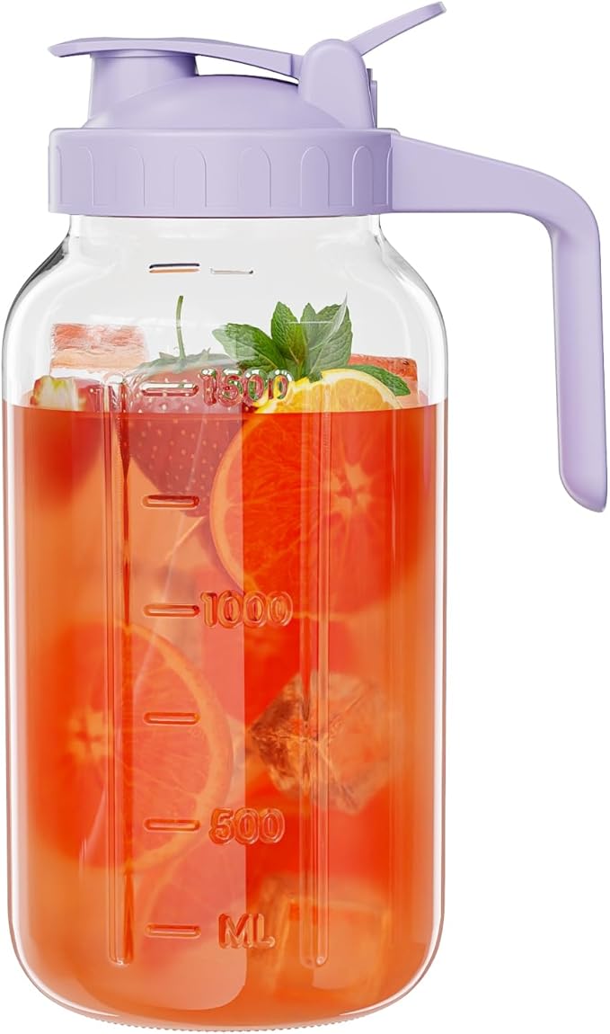 Glass Mason Jar Pitcher, 64 oz Wide Mouth Jug with Pour Spout Handle Lid for Cold Brew Coffee, Ice Beverage, Iced Juice, Lemonade, Sun Tea, Fruit Drinks Container(Purple)