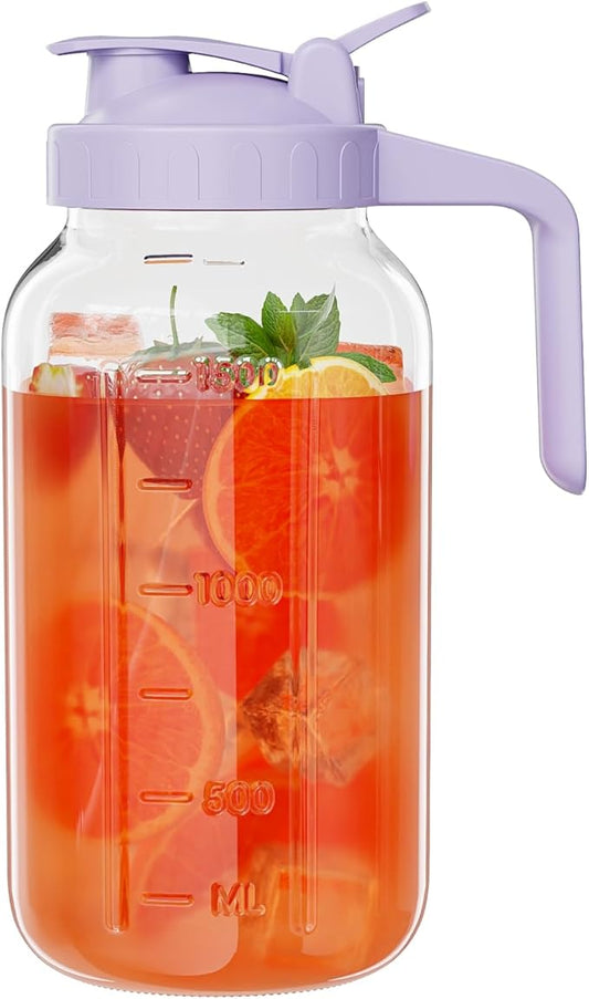 Glass Mason Jar Pitcher, 64 oz Wide Mouth Jug with Pour Spout Handle Lid for Cold Brew Coffee, Ice Beverage, Iced Juice, Lemonade, Sun Tea, Fruit Drinks Container(Purple)
