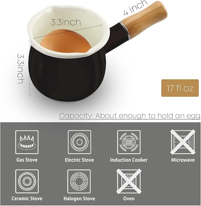 0.6qt Mini Enamel Milk Pot Insulated Wooden Handle 2 Pour Spouts Small Food Warmer Cute Saucepan (D015,BLACK)