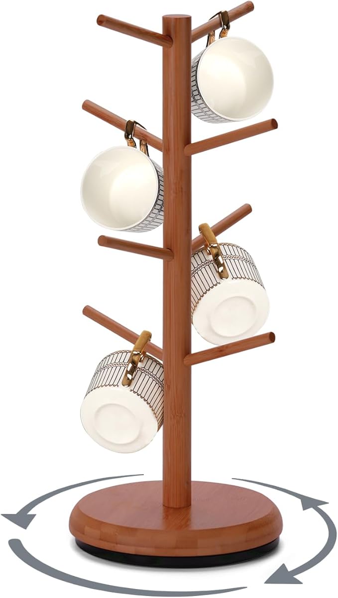 BAMBANG Mug Holder Tree, 360° Rotating 8 Hooks Coffee Cup Holder for Counter, Bamboo Coffee Mug Rack Standing for Kitchen Countertop Home (Brown) (Brown)