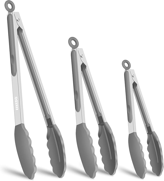 Kitchen Tongs, Stainless Steel Cooking Tongs with Silicone Tips, 600ºF High Heat-Resistant Non Scratch Locking Tongs for Cooking BBQ Grilling Air Fryer Pans, Set of 2 (7" 9" and 12") Light Grey