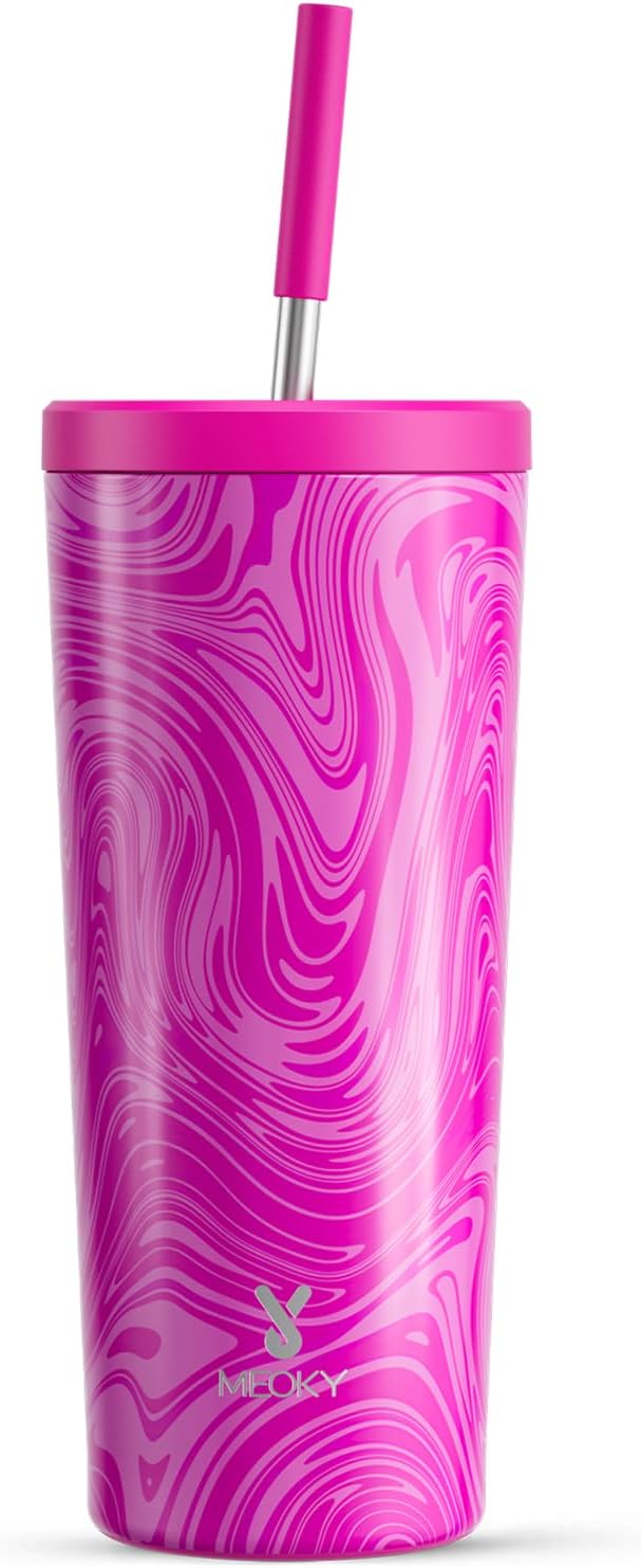 Meoky 24 oz Insulated Tumbler with Lid and Straw, Stainless Steel Vacuum Insulated Tumbler, Keeps Cold for 24 Hours, 100% Leak Proof, Fits in Car Cup Holder (Swirl)