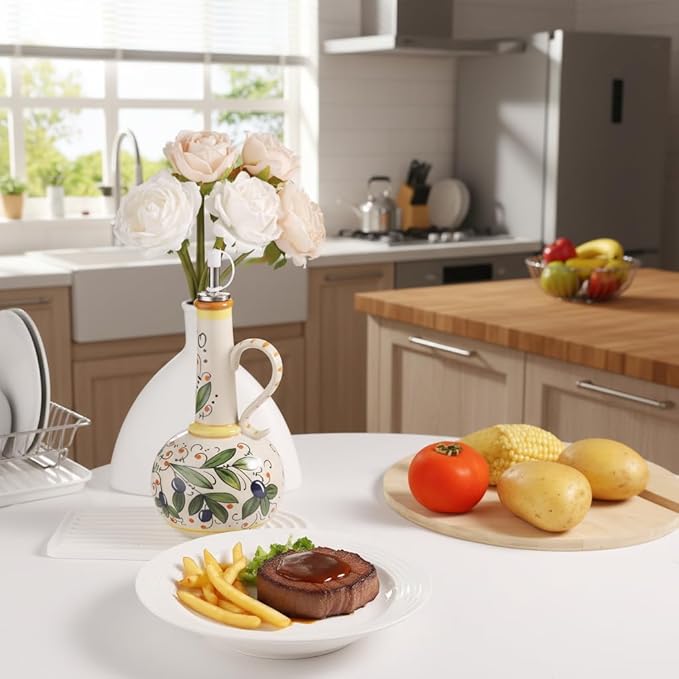 Ceramic Olive Oil Dispenser Bottle 23oz, Hand Painted Olive Oil Bottles, Decorative Stoneware Olive Oil Cruet for Kitchen with Stainless Steel Spout for Oils, Sauces, Vinegar