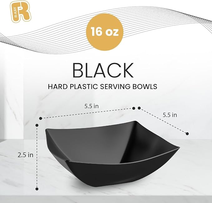 R-kay 6 Pack Black Square Plastic Serving Bowls - Black Plastic bowls 16 Oz - Disposable Serving Bowls - Premium Bowls Disposable Heavy Duty For Weddings Catering And Birthday parties