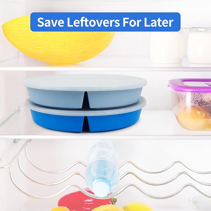 greenandlife 9 Inch 4PCS Divided Plates with Lids, Portion Control Plates for Kids Adults, Dishwasher Microwave Safe Compartment Plate, Unbreakable Lightweight Reusable Wheat Straw Plate, Blue