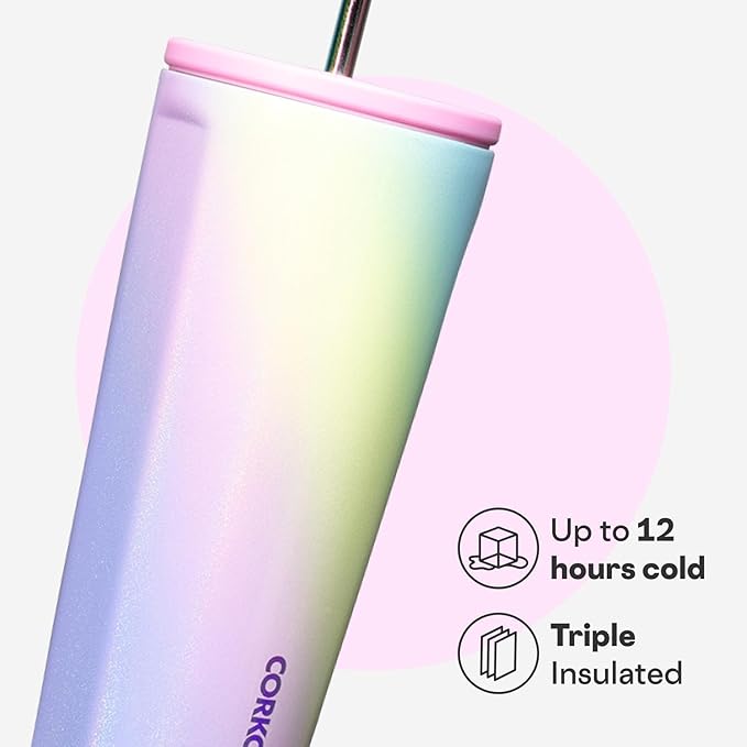 Corkcicle Cold Cup Insulated Tumbler with Straw - Keeps Drinks Cold for 12 Hours - Triple-Insulated Stainless Steel - Leak-Resistant Lid - Summer Drinkware Gift - 24 oz - Rainbow Unicorn