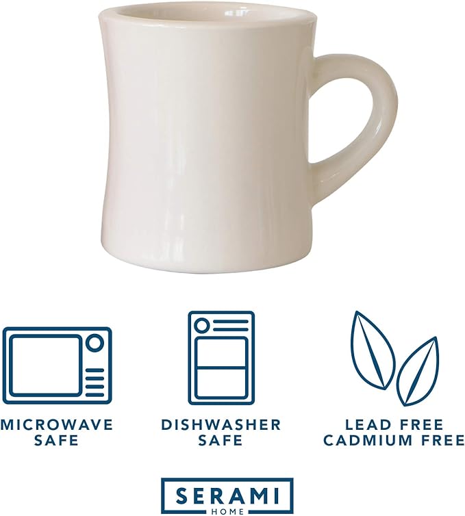 Serami Original 11oz Cream Diner Coffee Mug Set - Ceramic Mugs Great for Kitchen Set, Travel, and Hot Tea, Retro Waffle House Farmhouse Mug with Handle, Heavy Duty Coffee Cups (6 Pack)