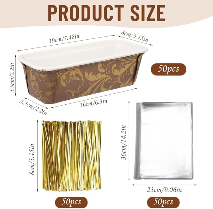 50 PCS Paper Loaf Pans for Baking, 6.3 x 2.2 x 2.2 Inch Small Disposable Baking Pans with Clear Plastic Bags and Ties, Rectangle Paper Bread Pans for Cake Bread Oven Loaf Bakery