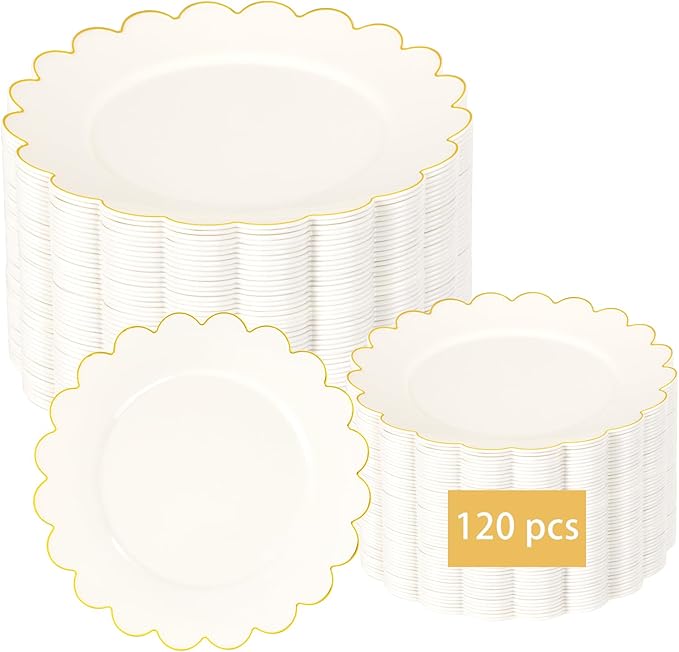 LIYH 120 Pcs Ivory Scalloped Plastic Plates Disposable - Ivory and Gold Plastic Plates - Gold Fancy Disposable Party Dinner & Dessert Plate for Wedding Birthday Easter Day