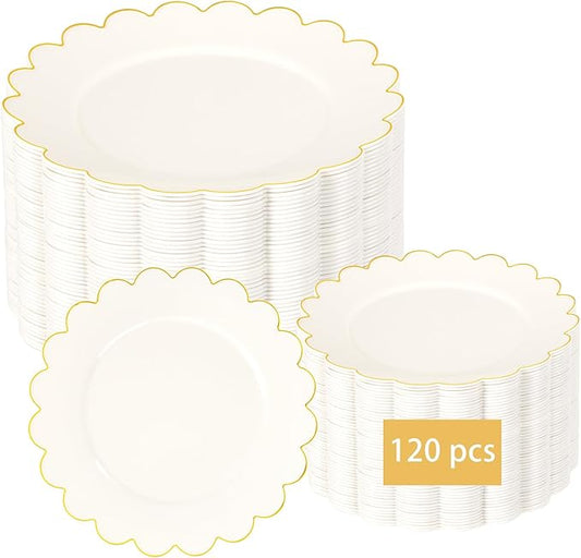 LIYH 120 Pcs Ivory Scalloped Plastic Plates Disposable - Ivory and Gold Plastic Plates - Gold Fancy Disposable Party Dinner & Dessert Plate for Wedding Birthday Easter Day