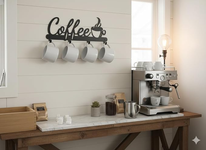 Aimto Black Metal Wall Mounted Coffee Mug Holder,with 4 Hooks and Metal Sign Modern Coffee Sign for Kitchen, Bar Station Accessories Decor