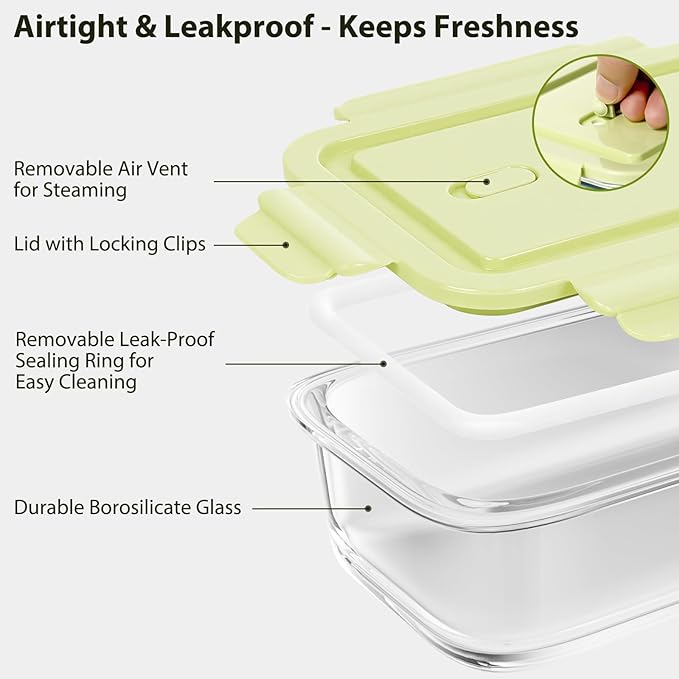 5 Pack 20oz Glass Meal Prep Containers with Air Vent Lids, Borosilicate Glass Food Storage Container with Snap Airtight Lids for Lunch, Food Prep, Microwave, Oven, Freezer & Dishwasher Safe, BPA-Free