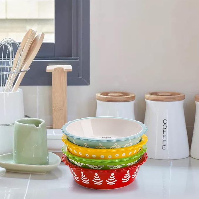 Coloch 4 Pack Ceramic Mini Pie Pan with Fluted Rim, 6 Inch Round Pie Plate Colorful Floral Pie Tins Tiny Serving Bowl for Dessert, Candies, Baking, Dishwasher and Microwave Oven Safe