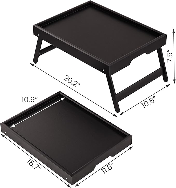 3 Pack Bamboo Bed Tray Table with Folding Legs,Breakfast Trays,Serving Tray,Laptop Tray for Working,Food Snack Tray for Bed and Sofa(Black)