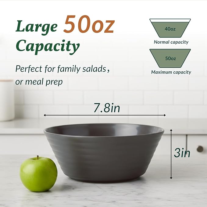Homienly Wheat Straw Bowls 50 OZ, Reusable Unbreakable Large Cereal Bowls Soup Bowl Set, 6 PCS Microwave Safe Bowl for Kitchen, Camping, Family Dinner, Ramen, Popcorn - Black Grey