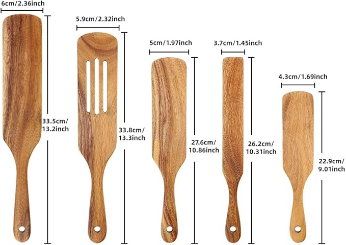 Wooden Spurtle Set As Seen On TV, AOOSY 5 Pcs Natural Acacia Wood Spatula Kitchen Tools Utensil Set Heat Resistant Non Stick Wood Cookware, Slotted Spatula for Stirring