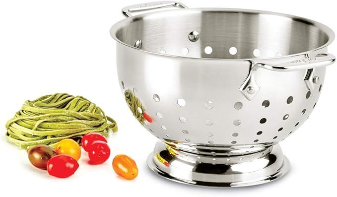 All-Clad Tools and Accessories Stainless Steel Colander 3 Quart Strainer, Pasta Strainer with Handle, Pots and Pans Silver
