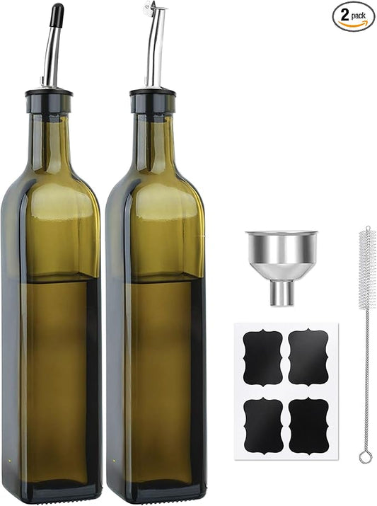Olive Oil Dispenser Bottle, 2 Pcs Green Glass Oil Bottle for Kitchen, Oil and Vinegar Dispenser Set with Pourers and Funnel -17oz Green Olive Oil Bottle Dispenser