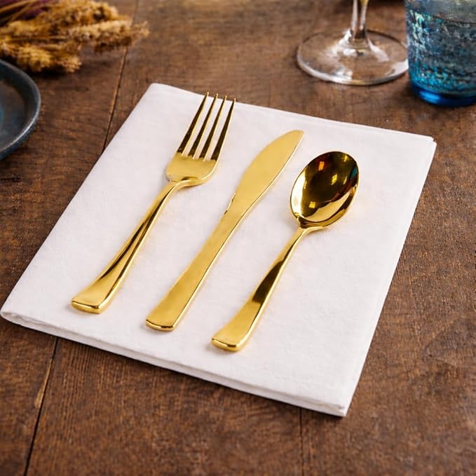 Gold Plastic Silverware Set, 160 Count, Extra Heavy Duty Flatware, Disposable Cutlery Utensils, 80 Forks, 40 Spoons, 40 Knives, Polished Gold, Bulk Pack