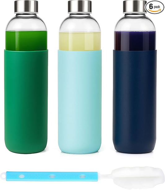 32 oz Glass Juice Bottles with Lids and Silicone Sleeve, Reusable Refillable Water Bottles for Juicing, Refrigerator,100% Leak Proof, BPA Free, Clear Glass Set of 3