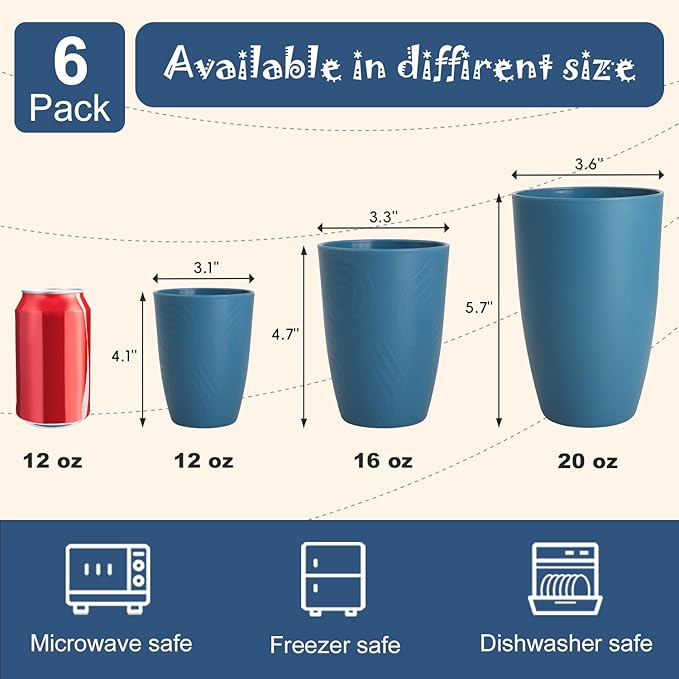 Wheat Straw Cups, Plastic Cups Unbreakable Drinking Cups Set of 6, Reusable Plastic Cup 12 OZ, Dishwasher Safe Tumblers & Water Glasses, Multi