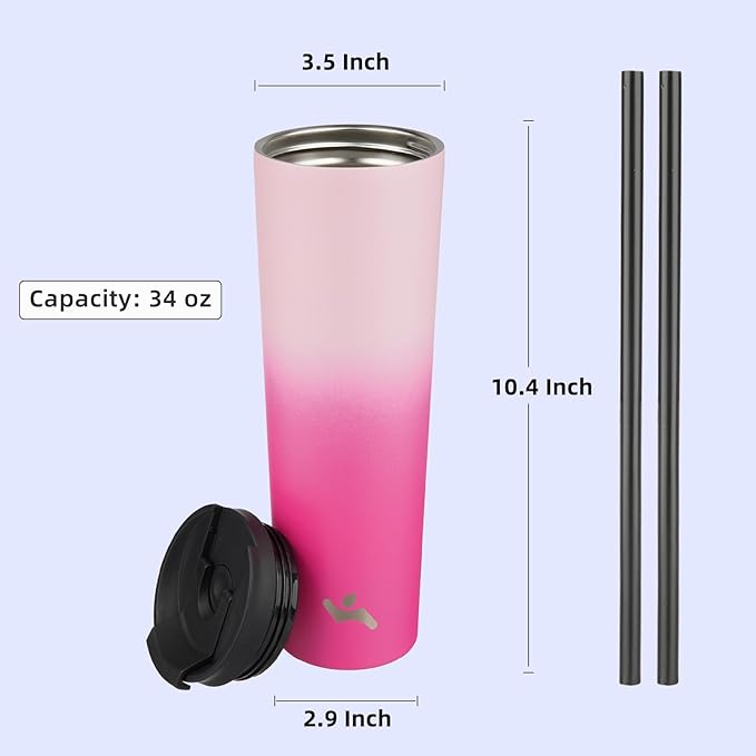 34 OZ Insulated Tumbler with Lid and 2 Straws Stainless Steel Water Bottle Vacuum Travel Mug Coffee Cup,Pastel Sunset