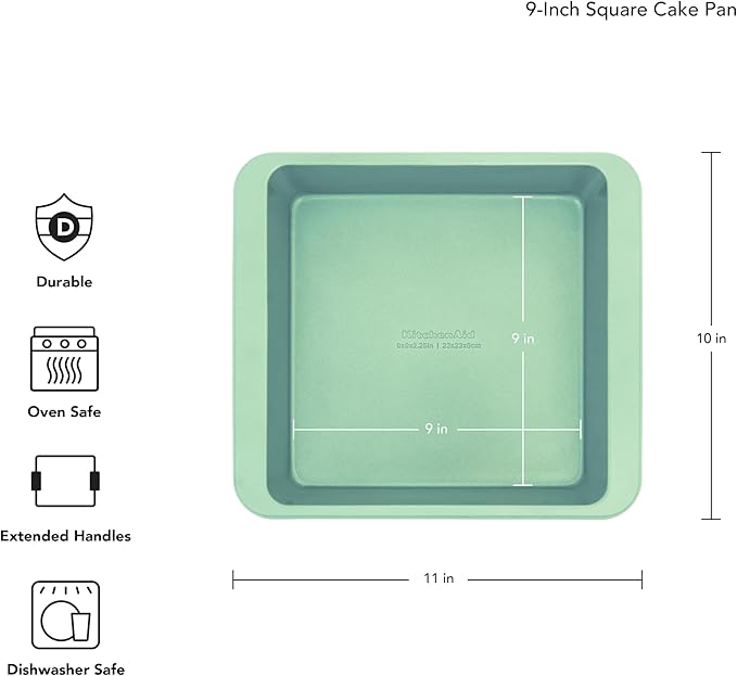 KitchenAid Nonstick Swiss Engineered Aluminized Steel Square Cake Pan, Dishwasher Safe, Pistachio, 9 Inch