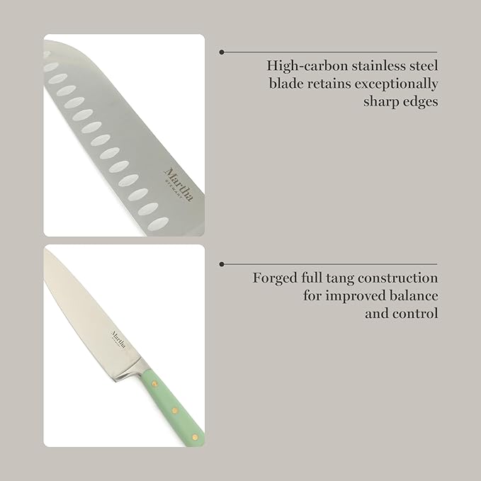 Martha Stewart 16 Piece Lockton High Carbon Stainless Steel Cutlery Kitchen Knife Block Set W/ABS Triple Riveted Forged Handle Acacia Wood Block - Sage Green W/Gold