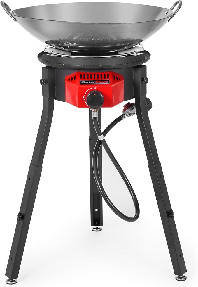 Outdoor Cooker with Iron Wok and Propane Burner, 54,000 BTU High-Pressure Gas Stove for Backyard BBQ, Tailgating, Outdoor Cooking & Discada-Style Feasts