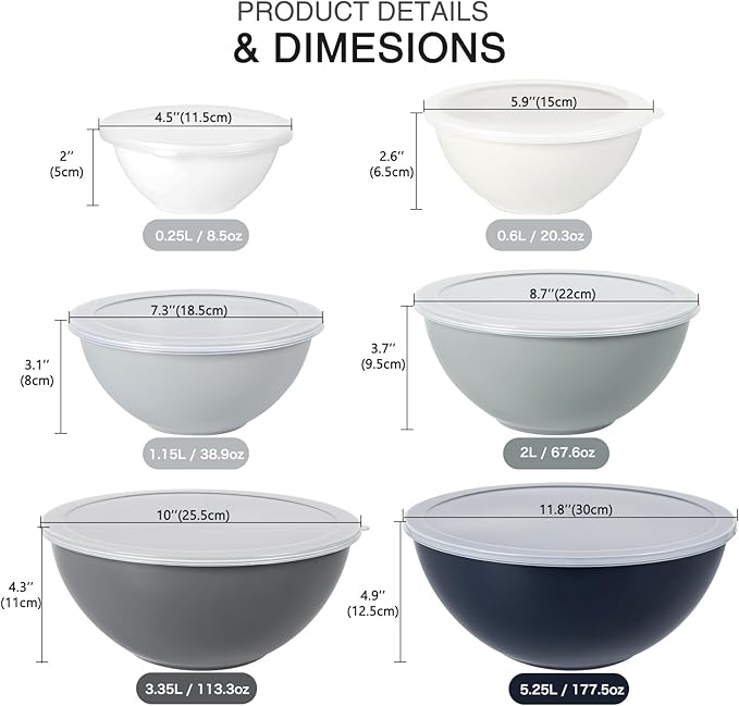 5-Piece Plastic Mixing Bowls with Lids Set for Kitchen, Nesting Bowls for Mixing, Baking, Prepping, Cooking and Serving Food, Mixing Bowls Dishwasher, Microwave Safe (Gray)