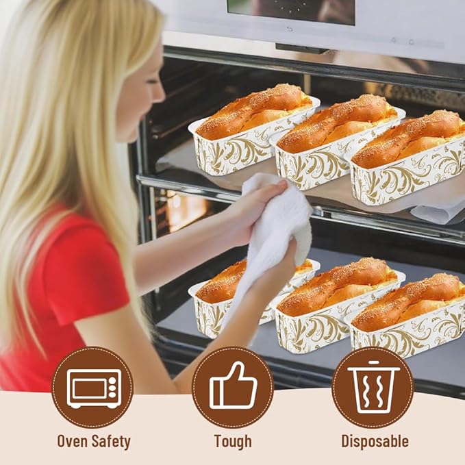 50 PCS Paper Loaf Pans for Baking, 6.3 x 2.2 x 2.2 Inch Small Disposable Baking Pans with Clear Plastic Bags and Ties, Rectangle Paper Bread Pans for Cake Bread Oven Loaf Bakery, White