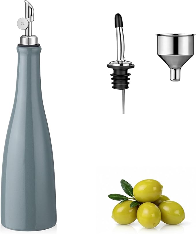YOLIFE Olive Oil Dispenser Bottle, 20oz Ceramic Oil Dispenser for Kitchen, Oil Bottle with Gravity Spout, Leak Proof EVOO Dispensing Bottle with 2 Spouts and 1 Funnel for Vinegar, Juice(Gray)